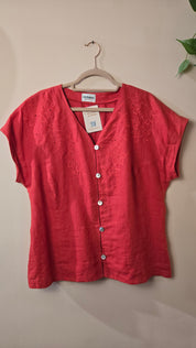 Modana Linnen Blouse Koraal Roze met Bloemborduurwerk Maat 42 / XL