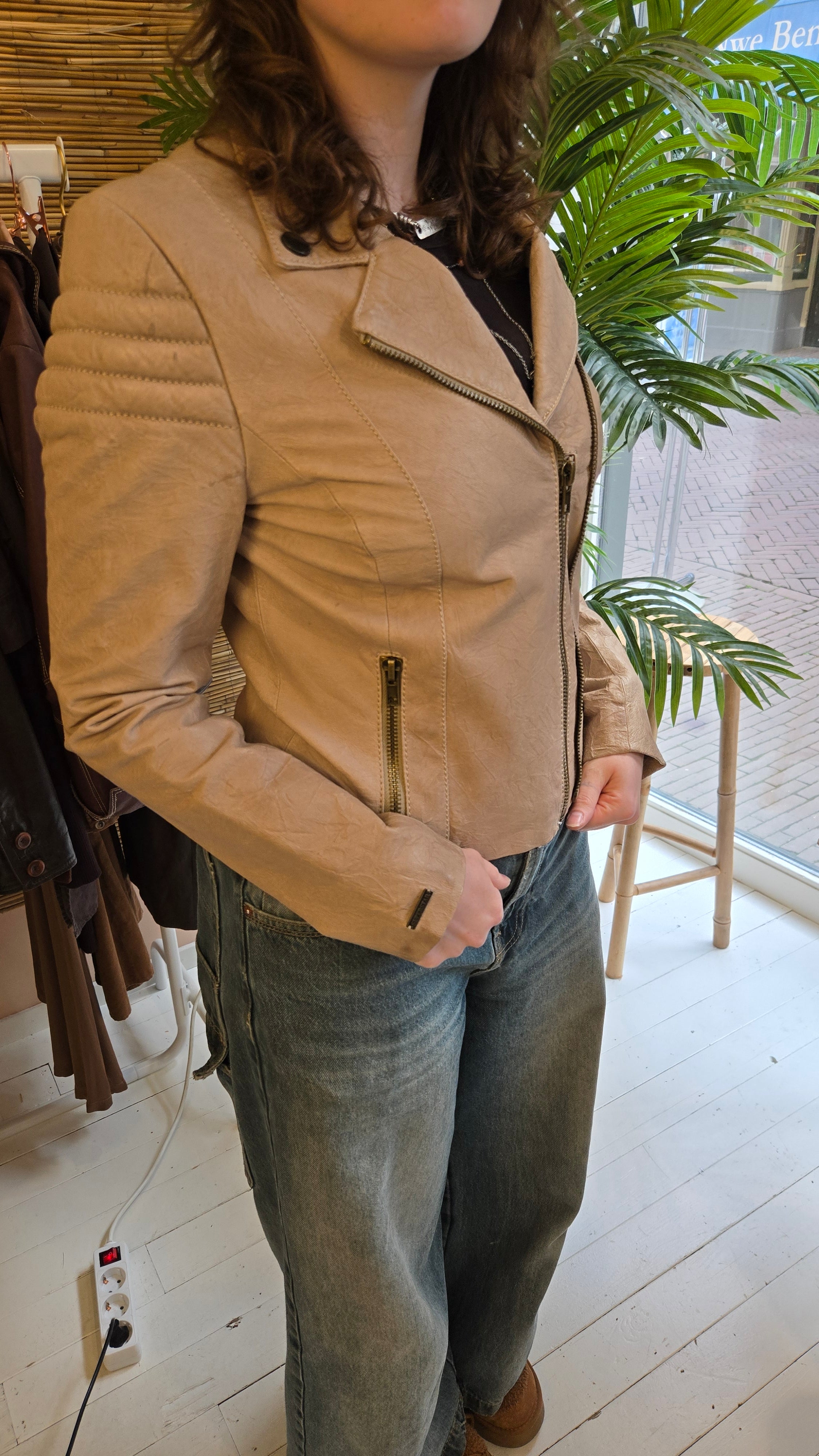 Superstar Beige Echt Leren Bikerjack Dames M