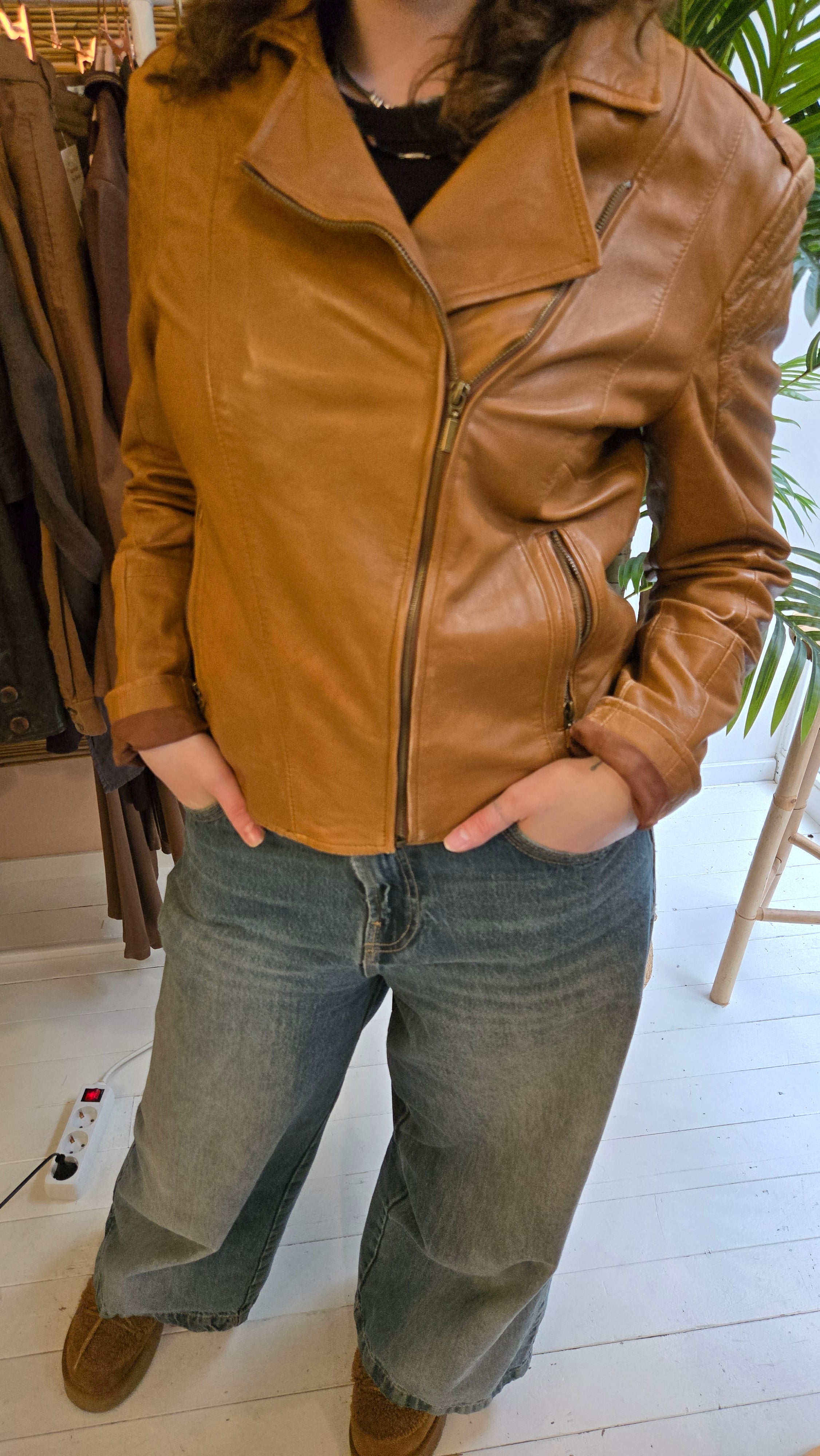 Esprit Cognac Bruine Echt Leren Bikerjas Dames 40 / L