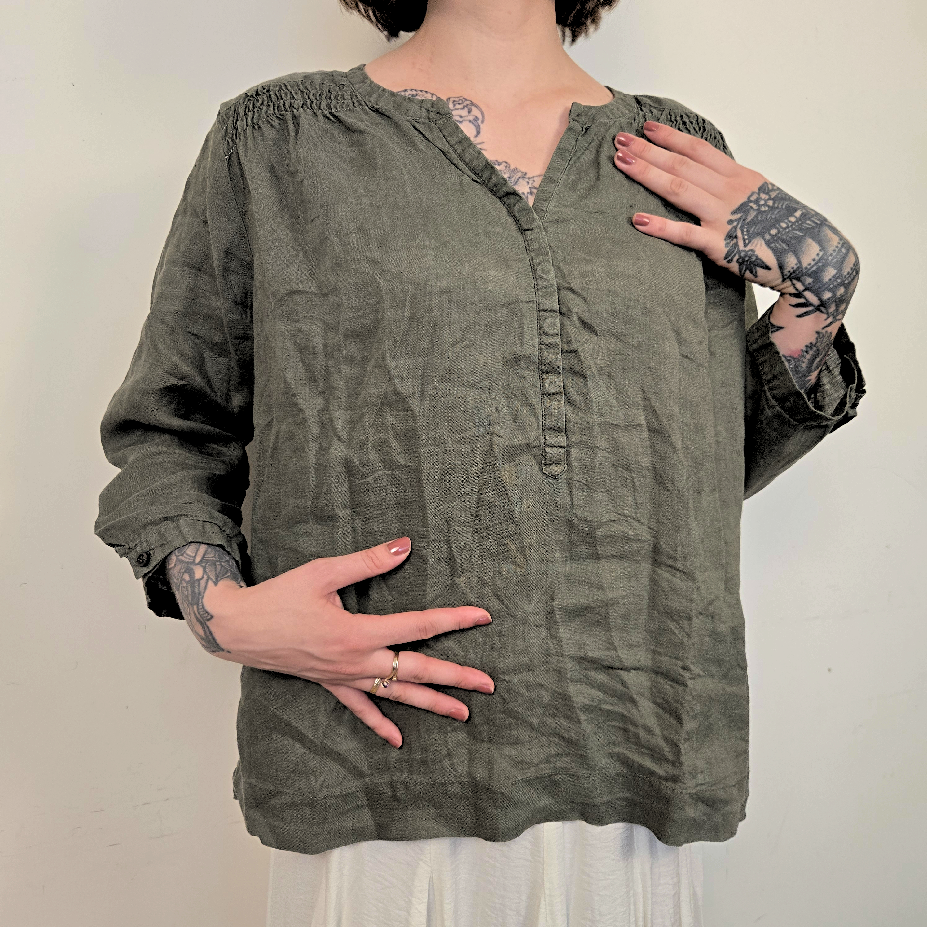 Adagio Olijfgroene Linnen Blouse Dames EU 44 / XXL