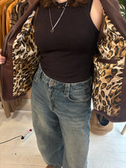 Patago Donkerbruine Leren Jas Met Leopard Voering Dames L