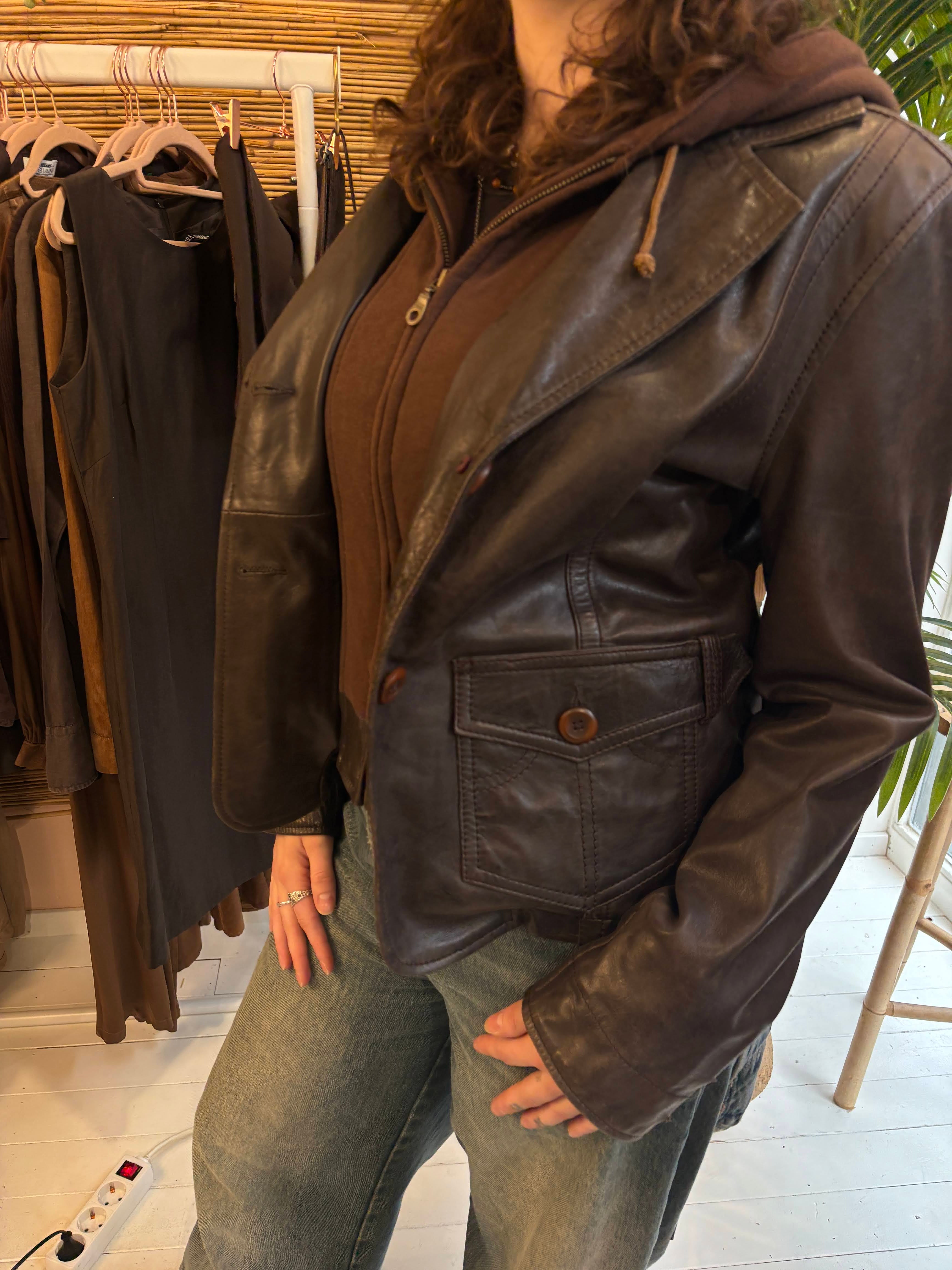 C&A Donkerbruine Echt Leren Jas Met Capuchon Dames L