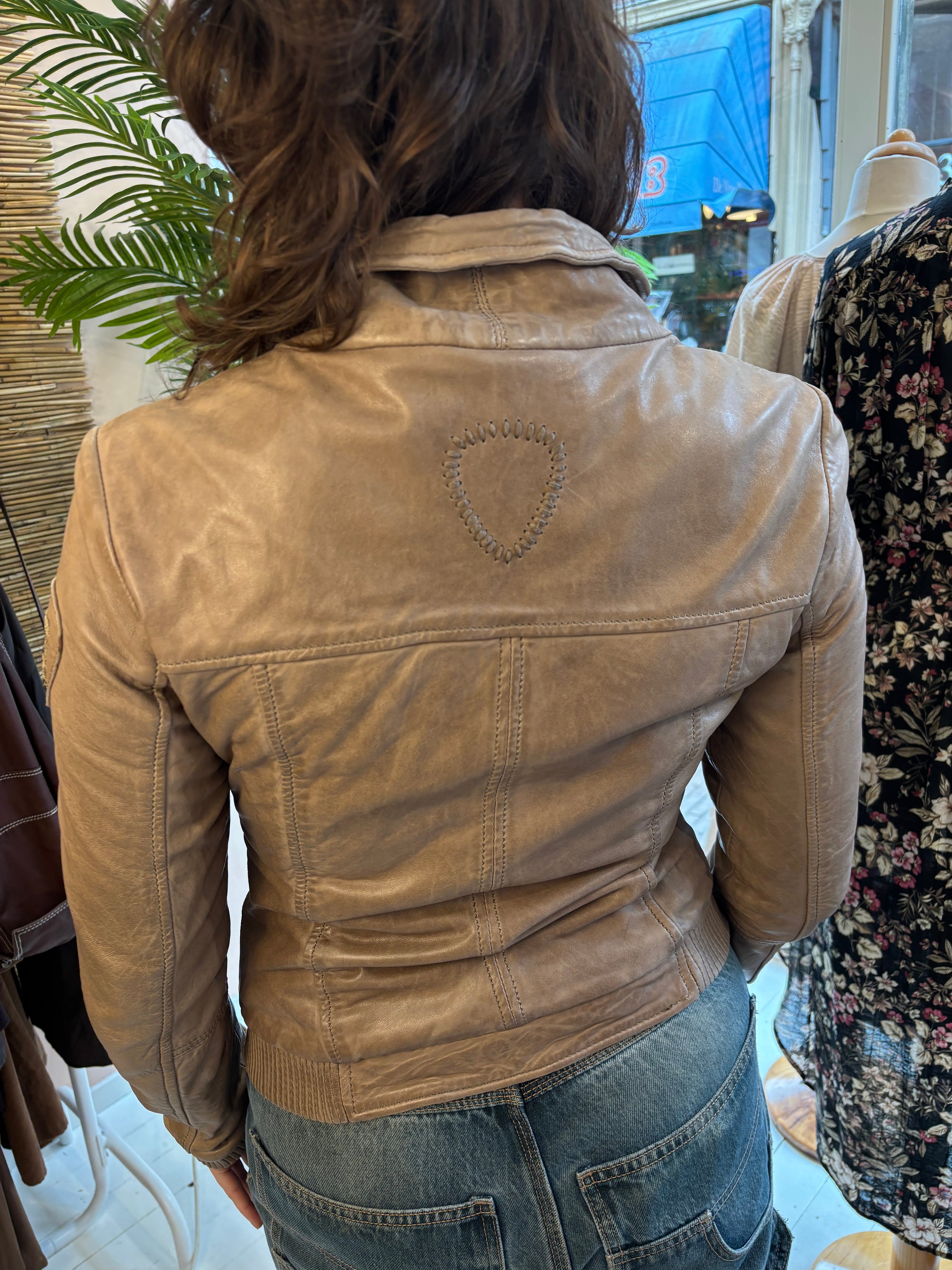 Tigha Taupe Echt Leren Bikerjas Dames Maat S