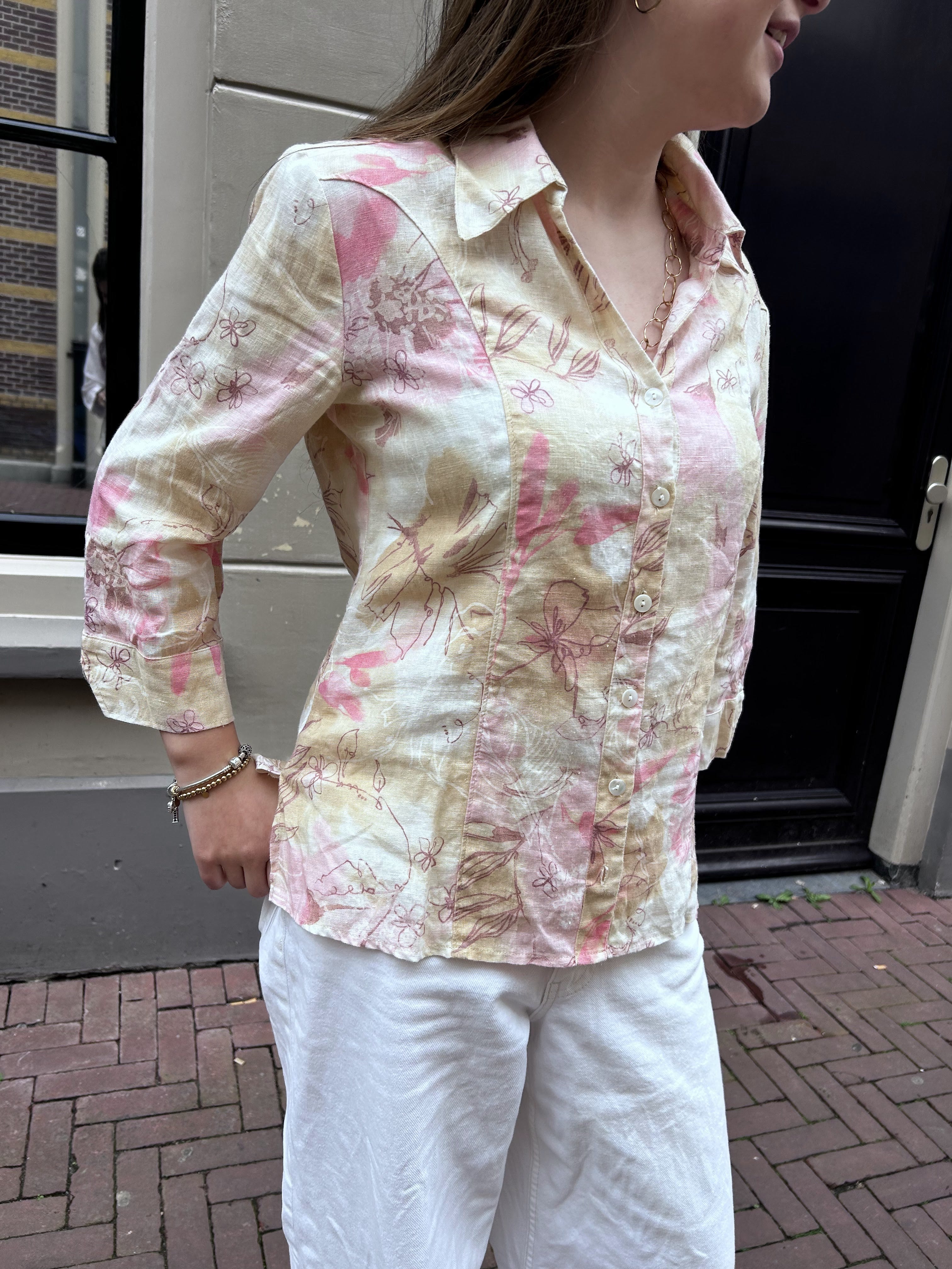 Alcxis Dames Linnen Blouse Bloemenprint Roze Beige Wit 11 / Xl