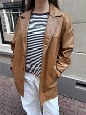Vintage Bruin Leren Blazer Dames Maat S