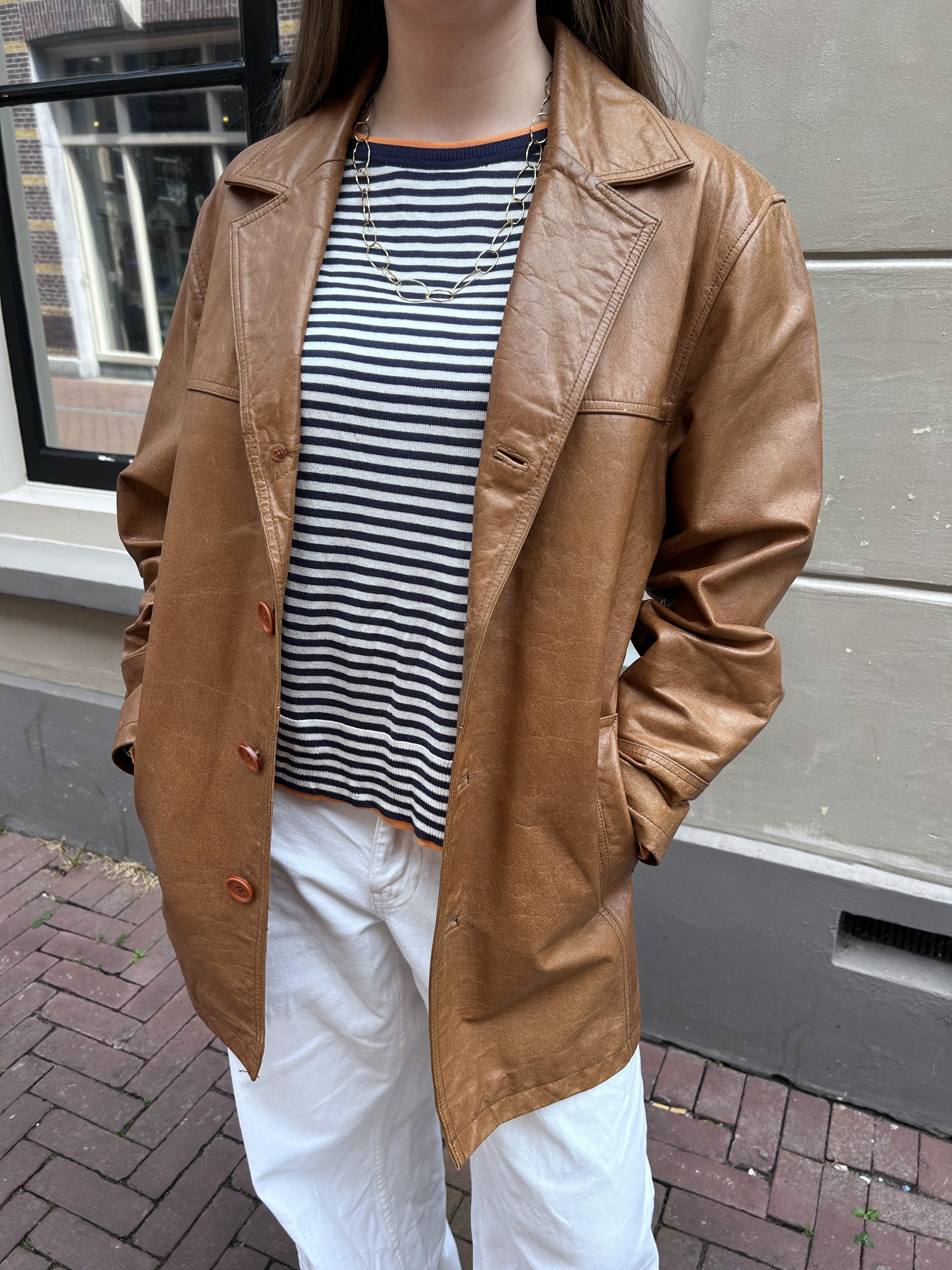 Vintage Bruin Leren Blazer Dames Maat S