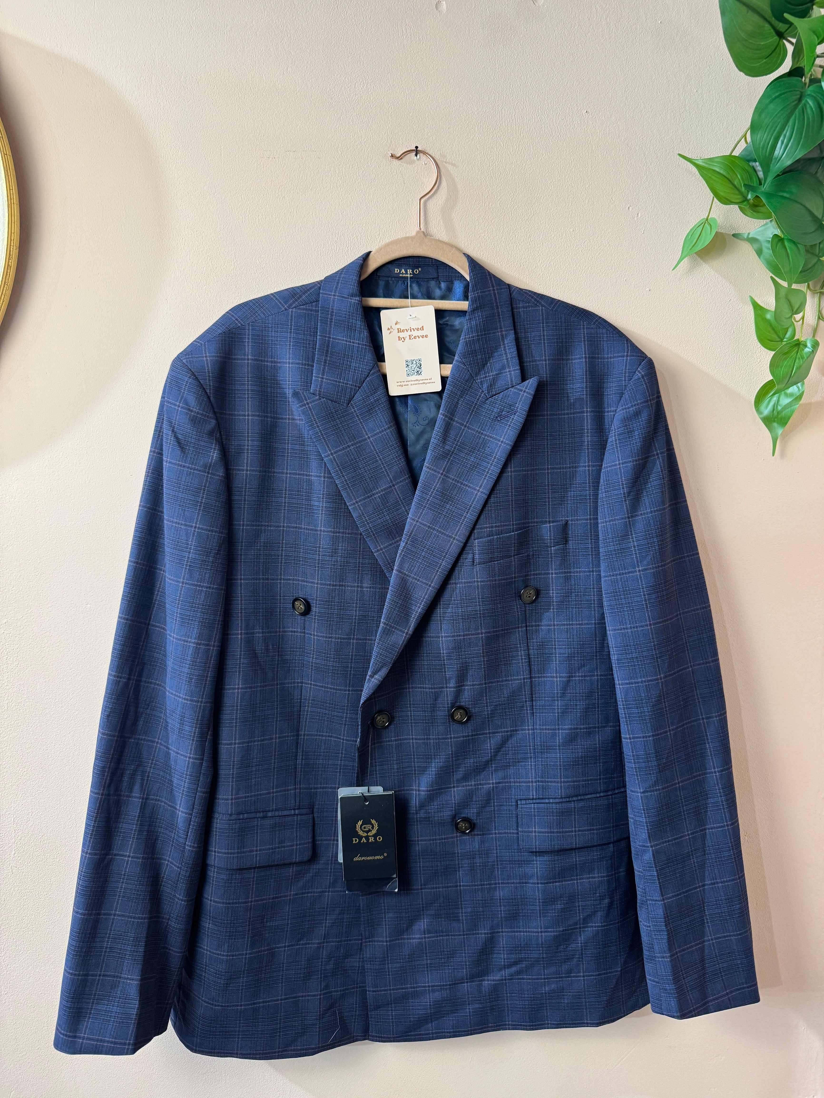 DARO Uomo Heren Geruit Pak Blauw Double Breasted Maat XXL