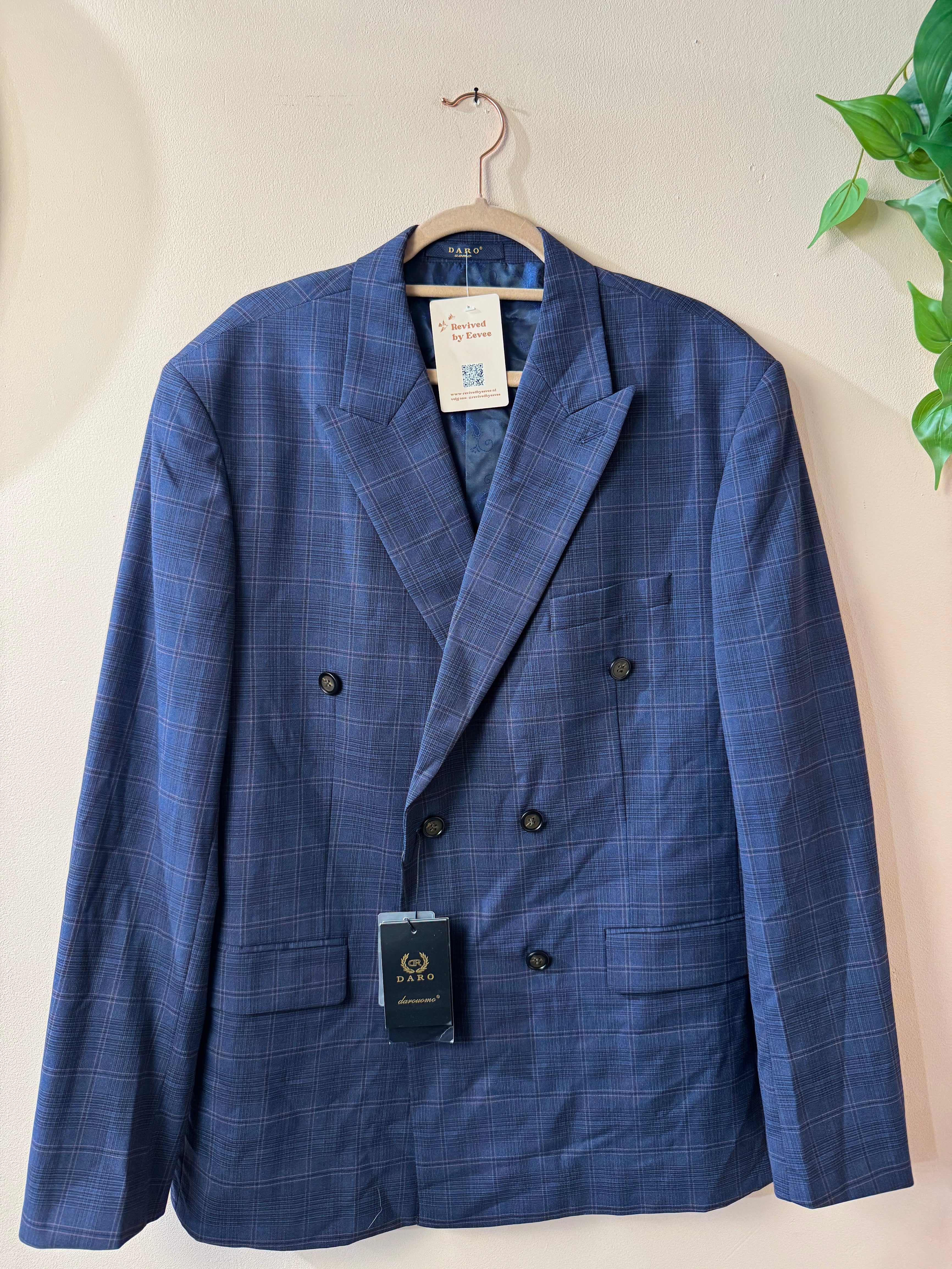 DARO Uomo Heren Geruit Pak Blauw Double Breasted Maat XXL