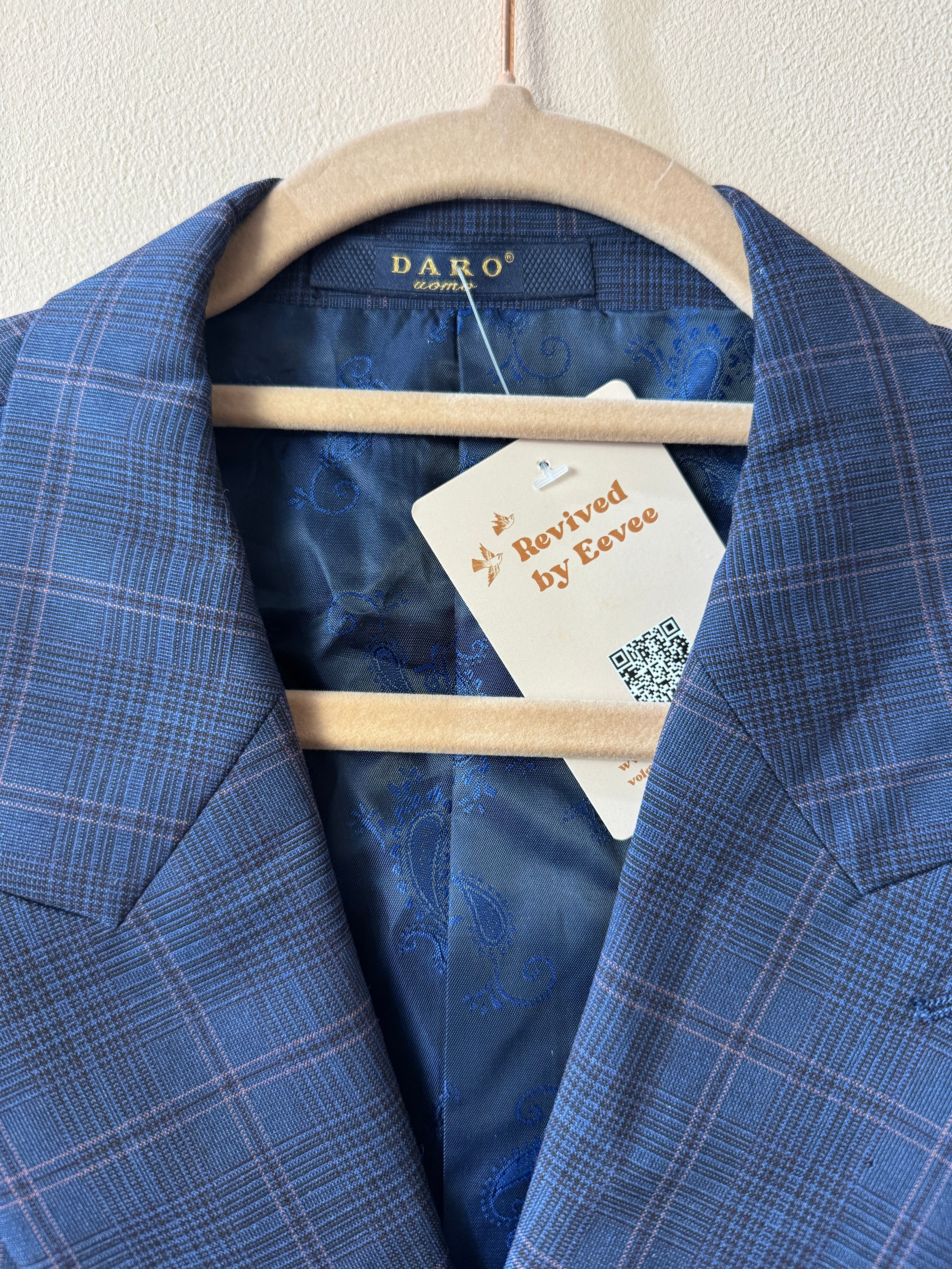 DARO Uomo Heren Geruit Pak Blauw Double Breasted Maat XXL