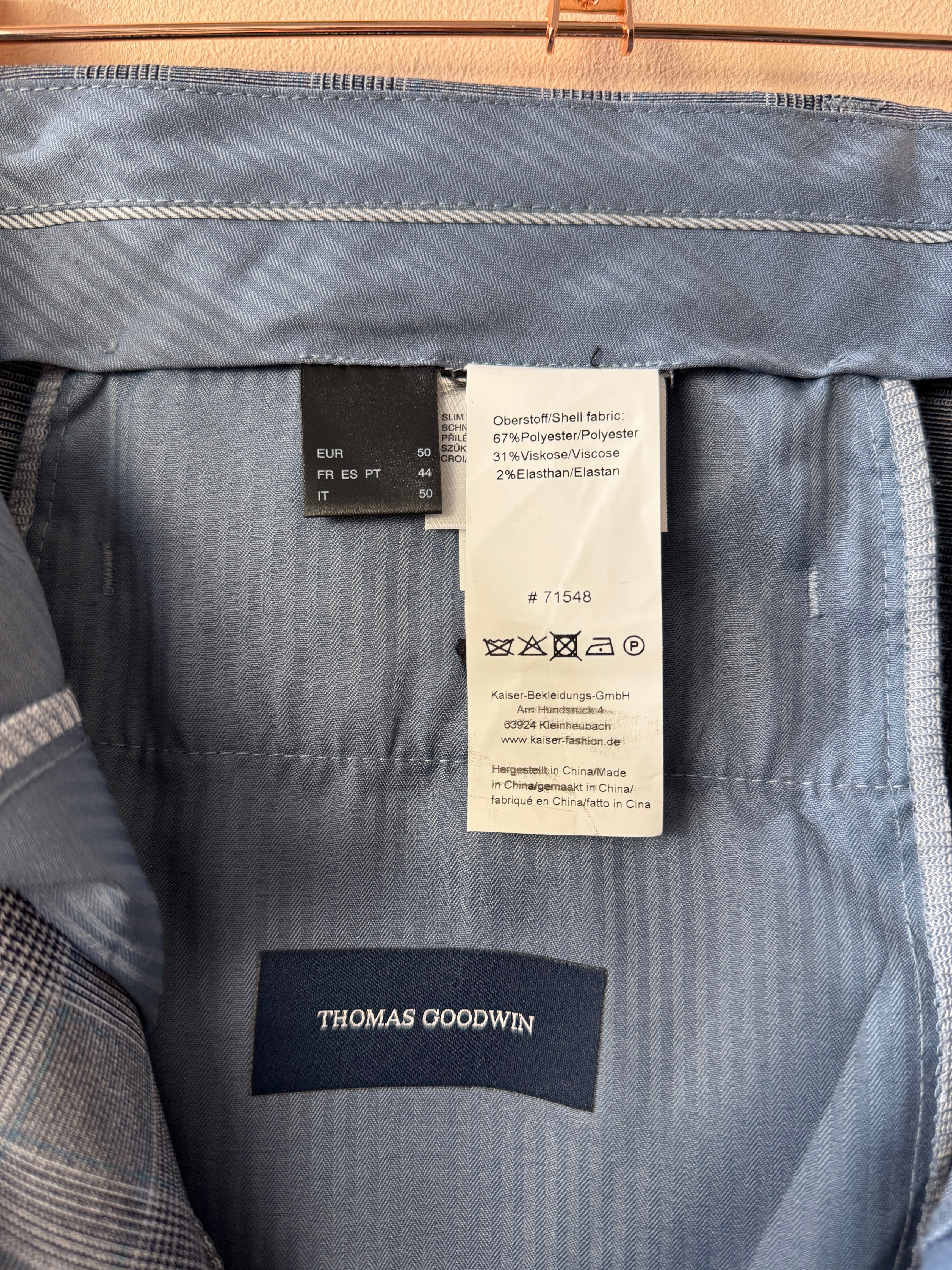 Thomas Goodwin 3-Delig Heren Pak Geruit Lichtblauw Slim Fit Maat 50