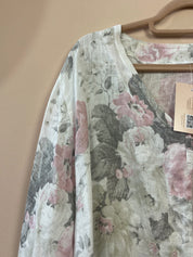 Dames Roze Bloemenblouse Casual Klassiek Lange Mouw V-Hals XXL