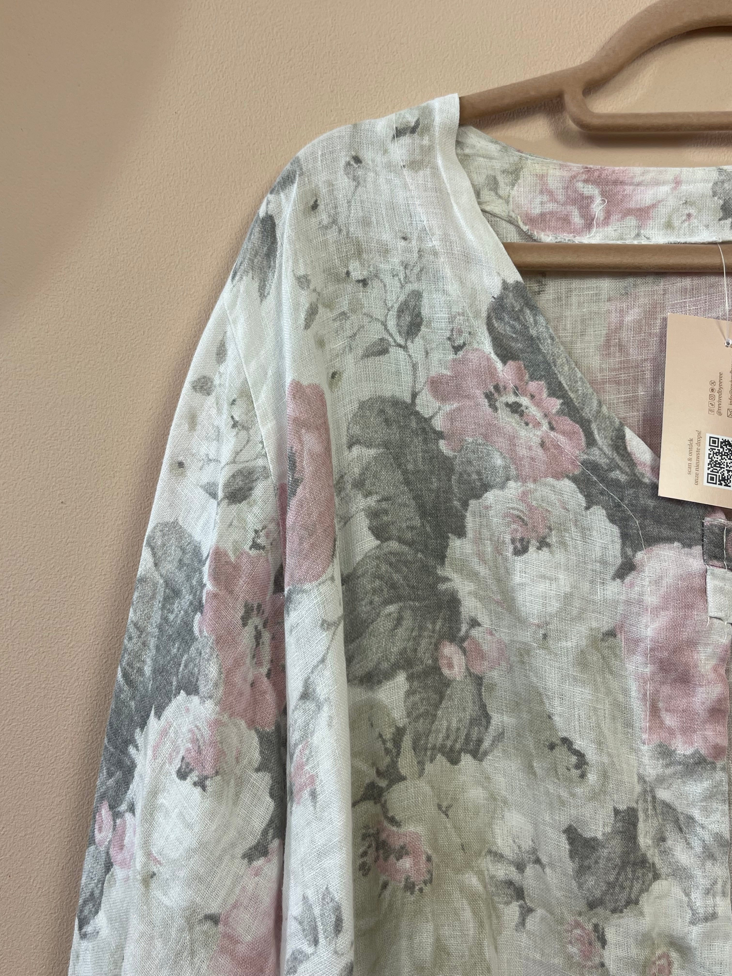 Dames Roze Bloemenblouse Casual Klassiek Lange Mouw V-Hals XXL