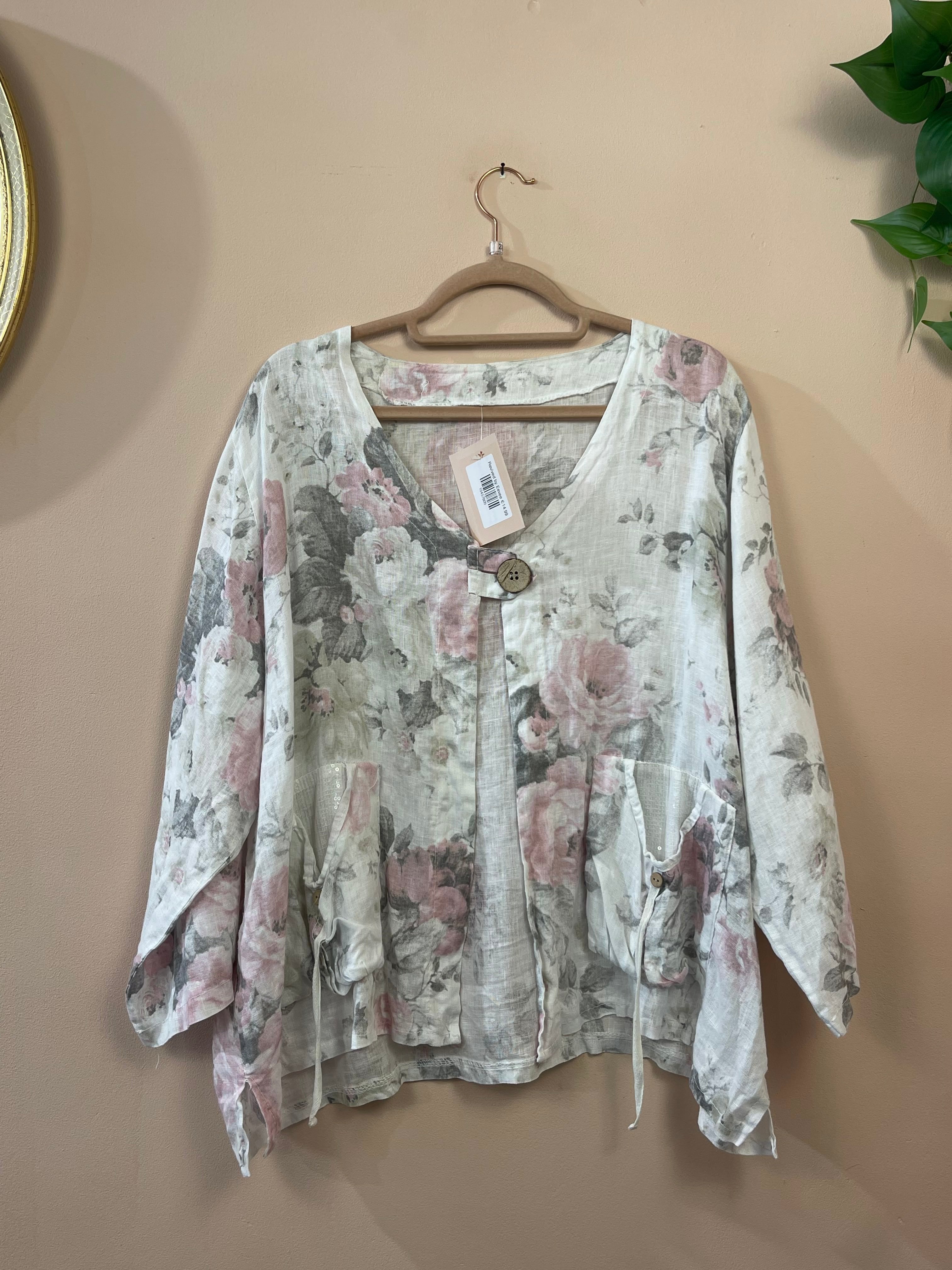 Dames Roze Bloemenblouse Casual Klassiek Lange Mouw V-Hals XXL