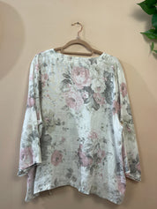 Dames Roze Bloemenblouse Casual Klassiek Lange Mouw V-Hals XXL
