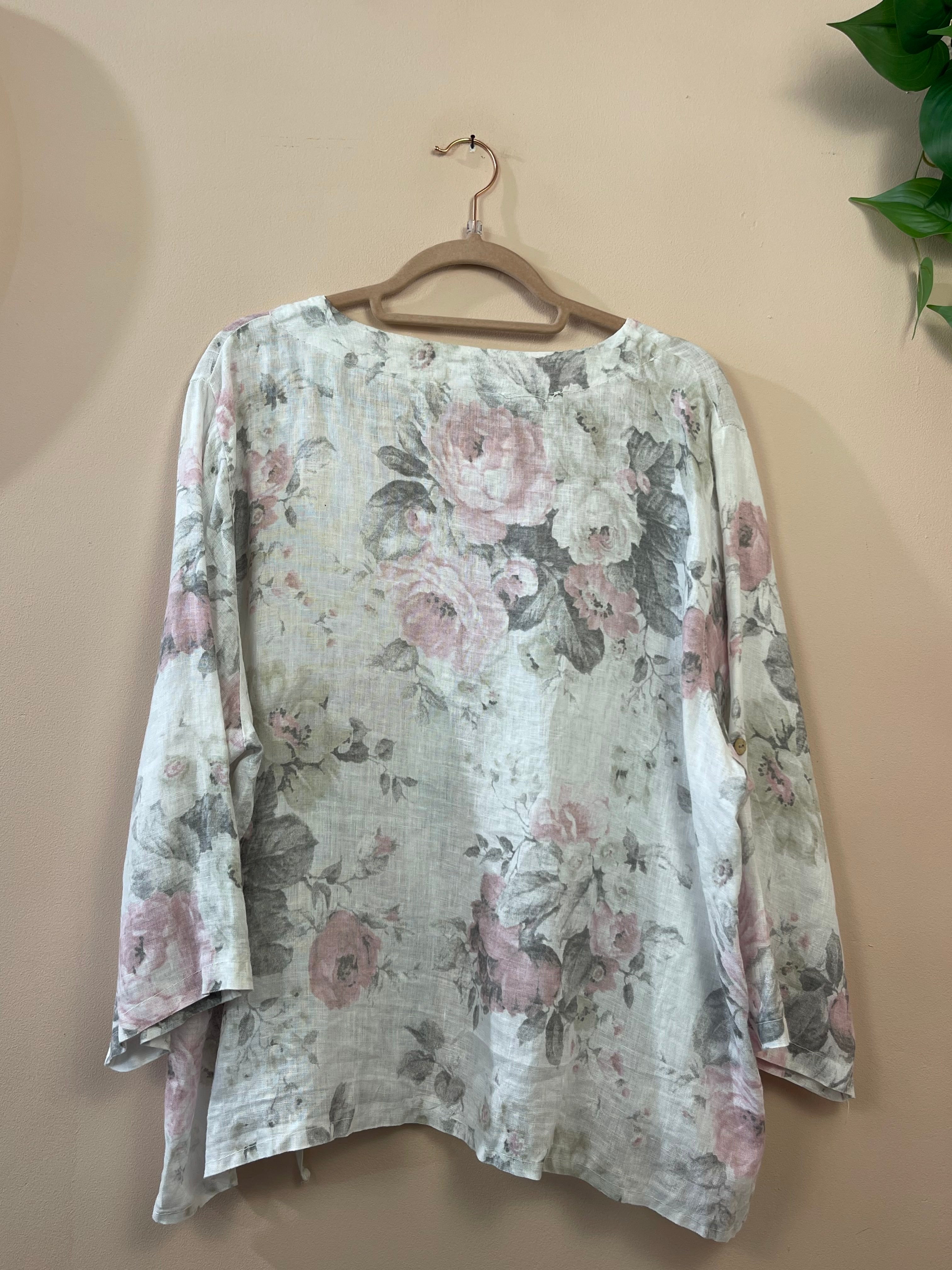 Dames Roze Bloemenblouse Casual Klassiek Lange Mouw V-Hals XXL