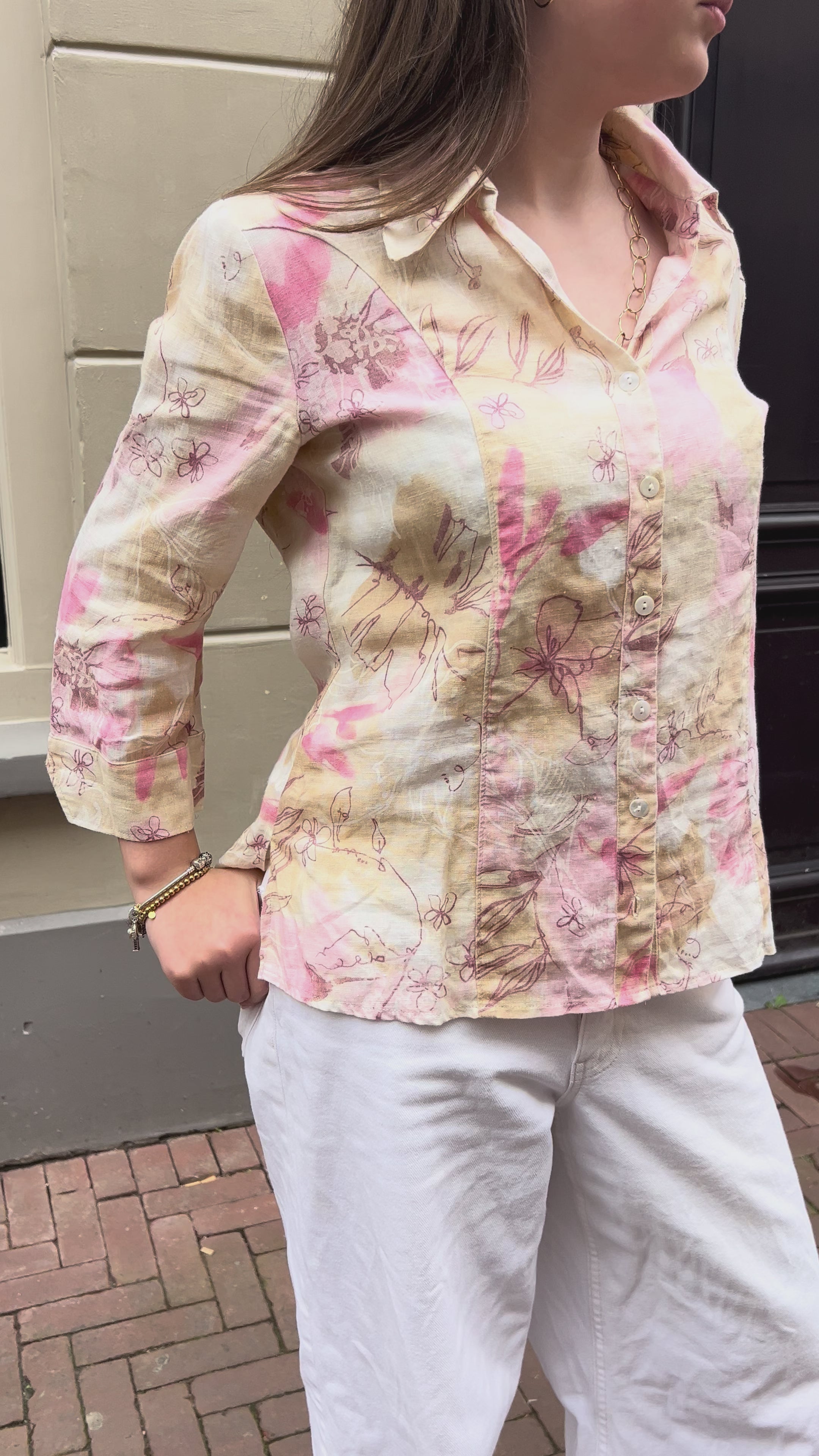 Alcxis Dames Linnen Blouse Bloemenprint Roze Beige Wit 11 / Xl