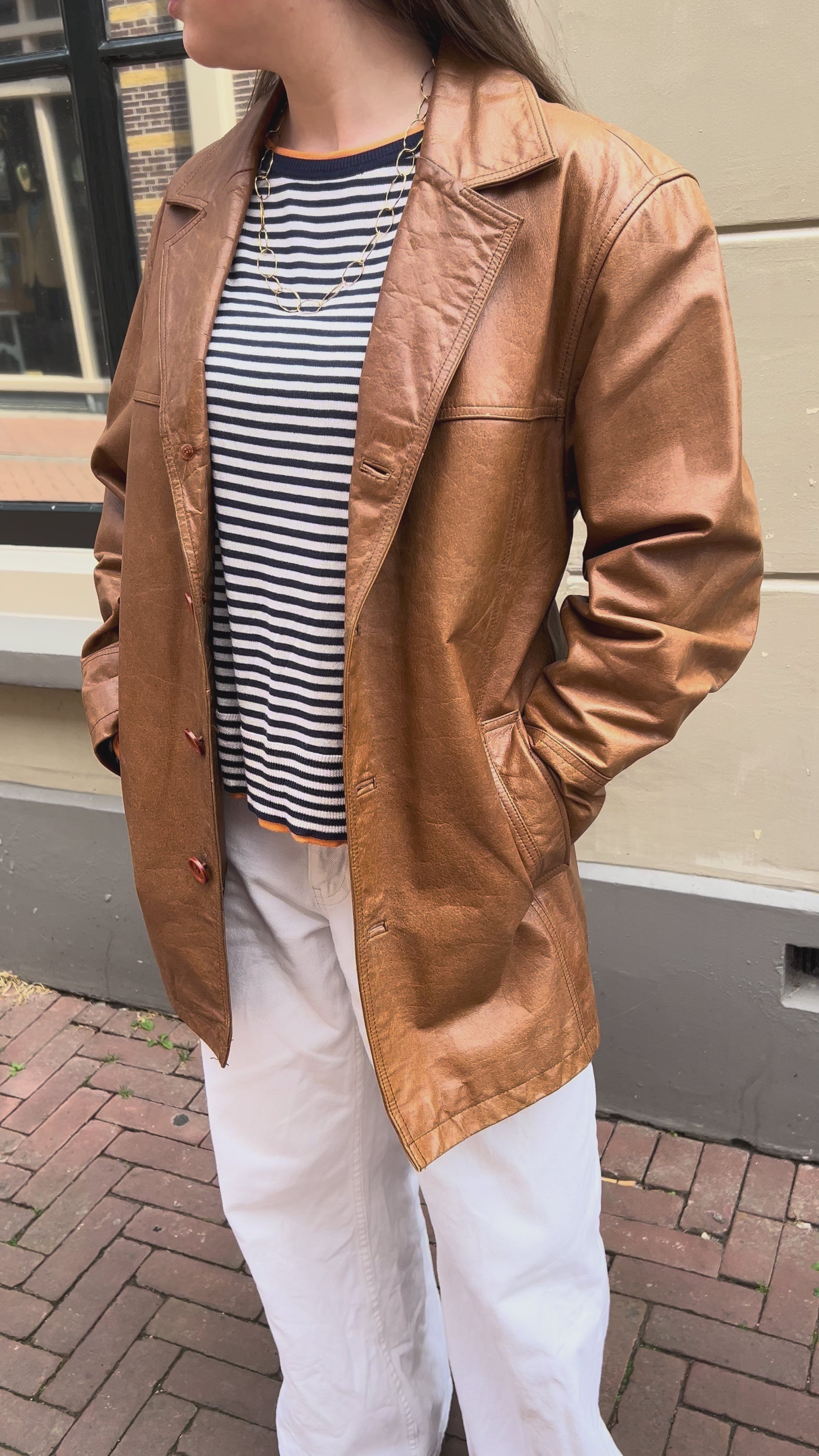 Vintage Bruin Leren Blazer Dames Maat S