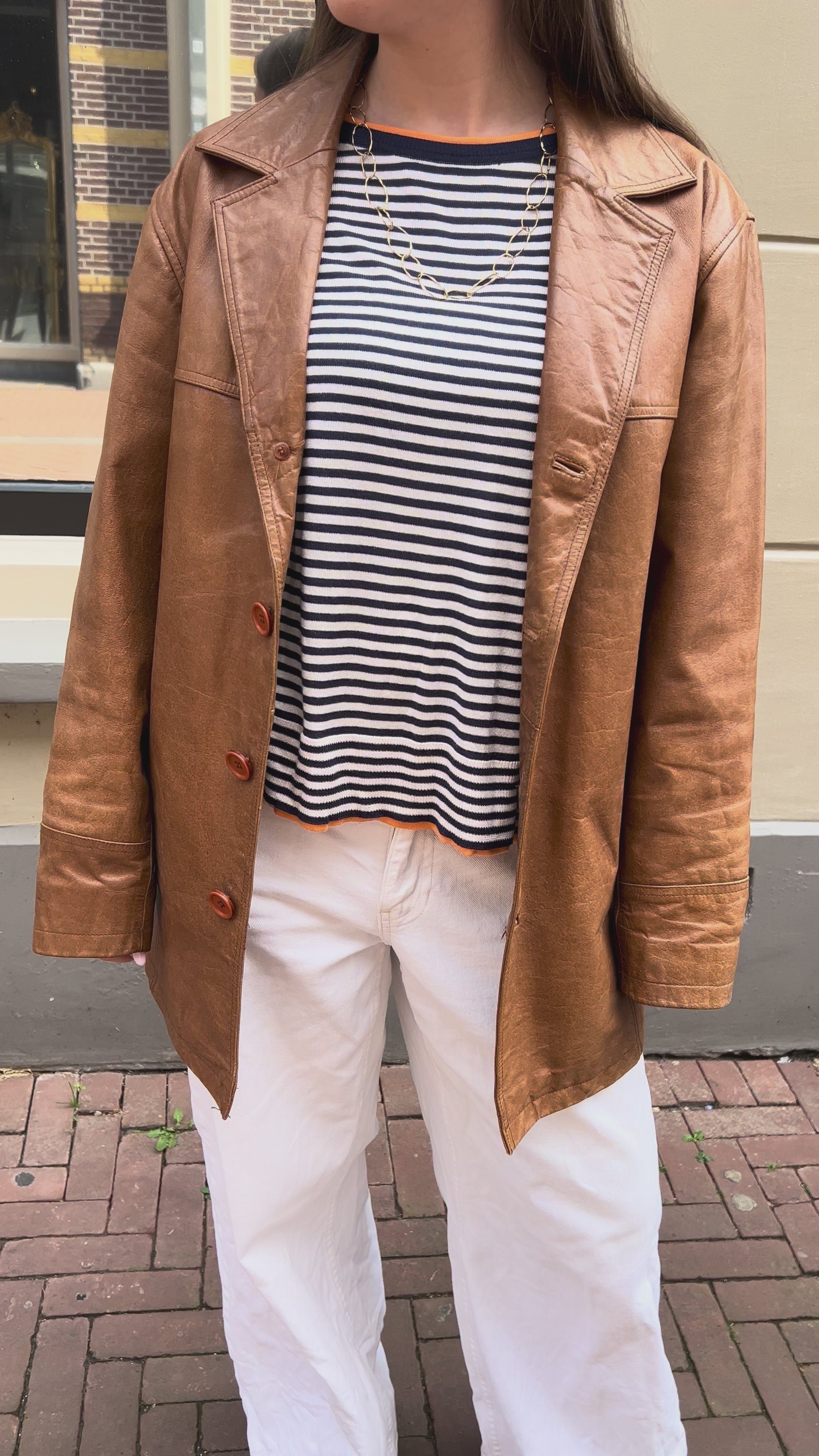 Vintage Bruin Leren Blazer Dames Maat S